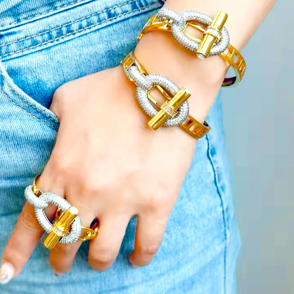 Elegant 10k Gold Silver Buckle Bracelet & Matching Adjustable Double Finger Ring